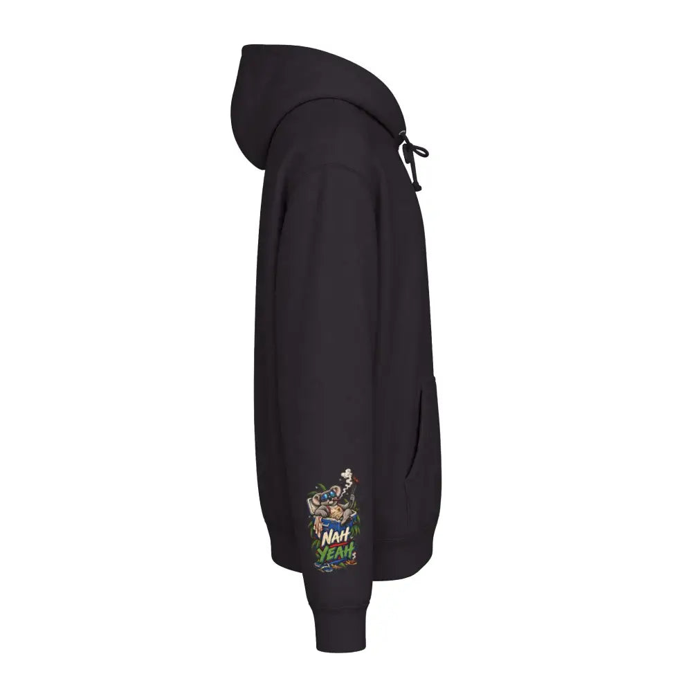 Black heavyweight hooded sweatshirt with colorful nah yeah graphic on the left sleeve kangaroo no worries hoodie