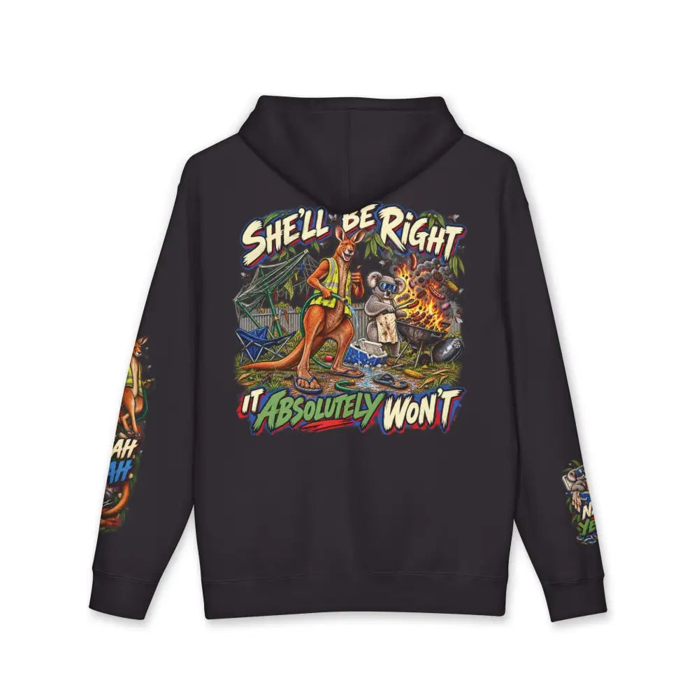 Black heavyweight hooded sweatshirt featuring vibrant kangaroo and koala graphic with shell be right it absolutely wont text