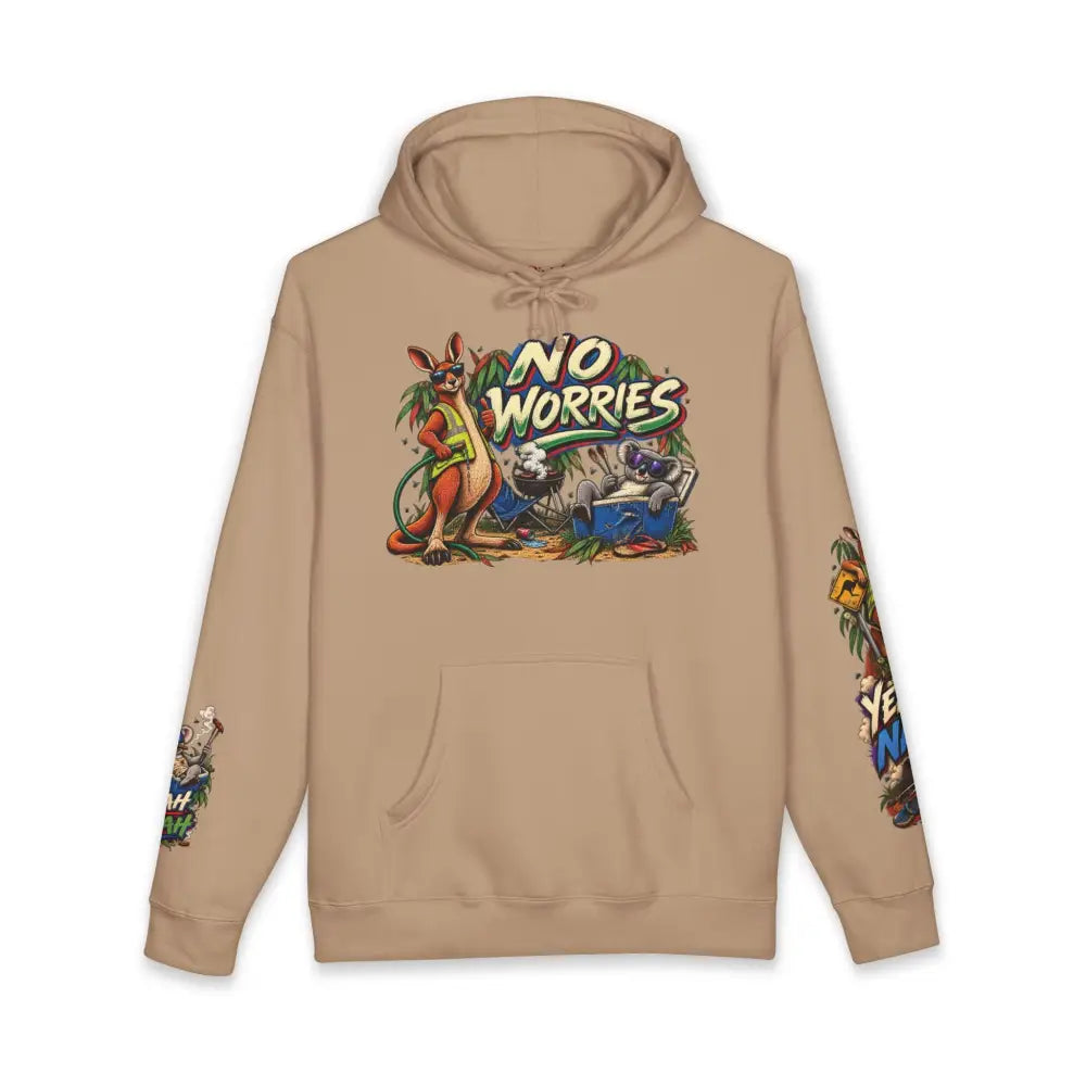 Beige heavyweight hooded sweatshirt with vibrant no worries graphic featuring cartoon kangaroos and colorful sleeve designs