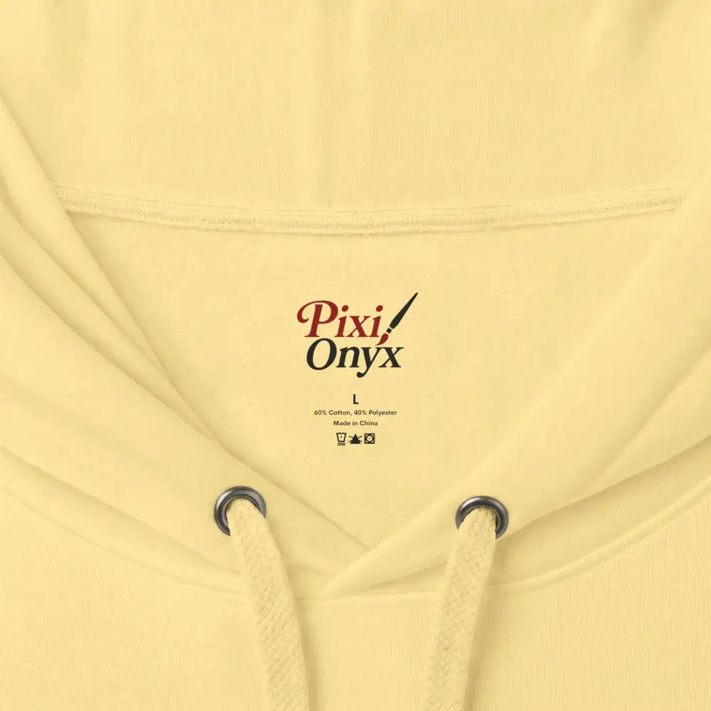 Pale yellow heavyweight hooded sweatshirt with ribbed collar and pixi onyx logo from kangaroo no worries hoodie collection