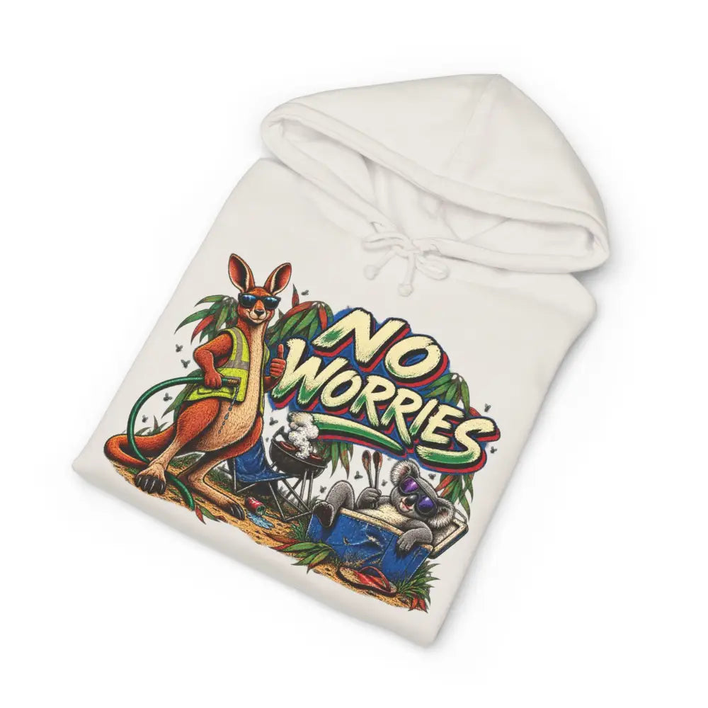 White heavyweight hooded sweatshirt with colorful kangaroo and koala graphic and no worries text for casual wear