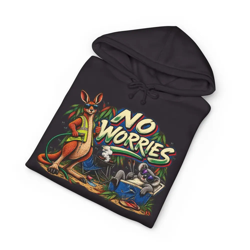 Black heavyweight hooded sweatshirt featuring vibrant cartoon kangaroo and koala with colorful no worries graphic text
