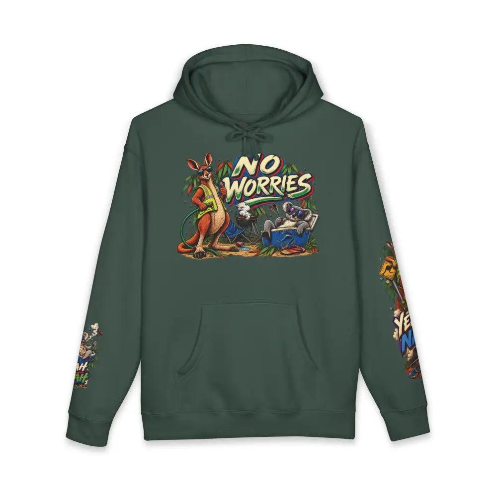 Dark green heavyweight hooded sweatshirt featuring vibrant no worries graphic with cartoon kangaroos koalas and colorful sleeves