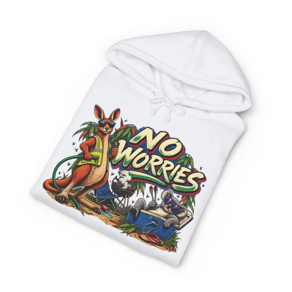 White heavyweight hooded sweatshirt featuring colorful kangaroo and koala graphic with no worries text design