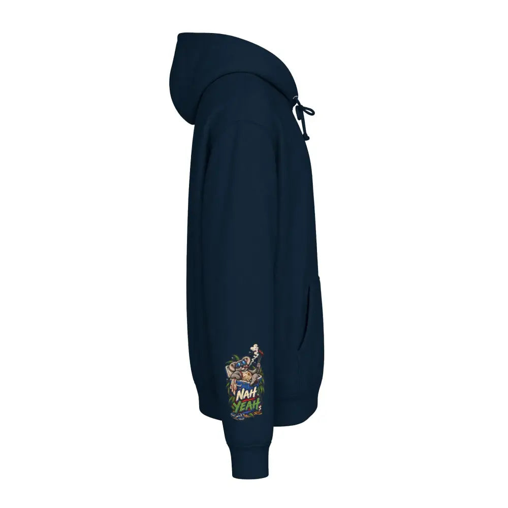 Navy blue heavyweight hooded sweatshirt with colorful cartoon graphic and text on left sleeve kangaroo no worries hoodie
