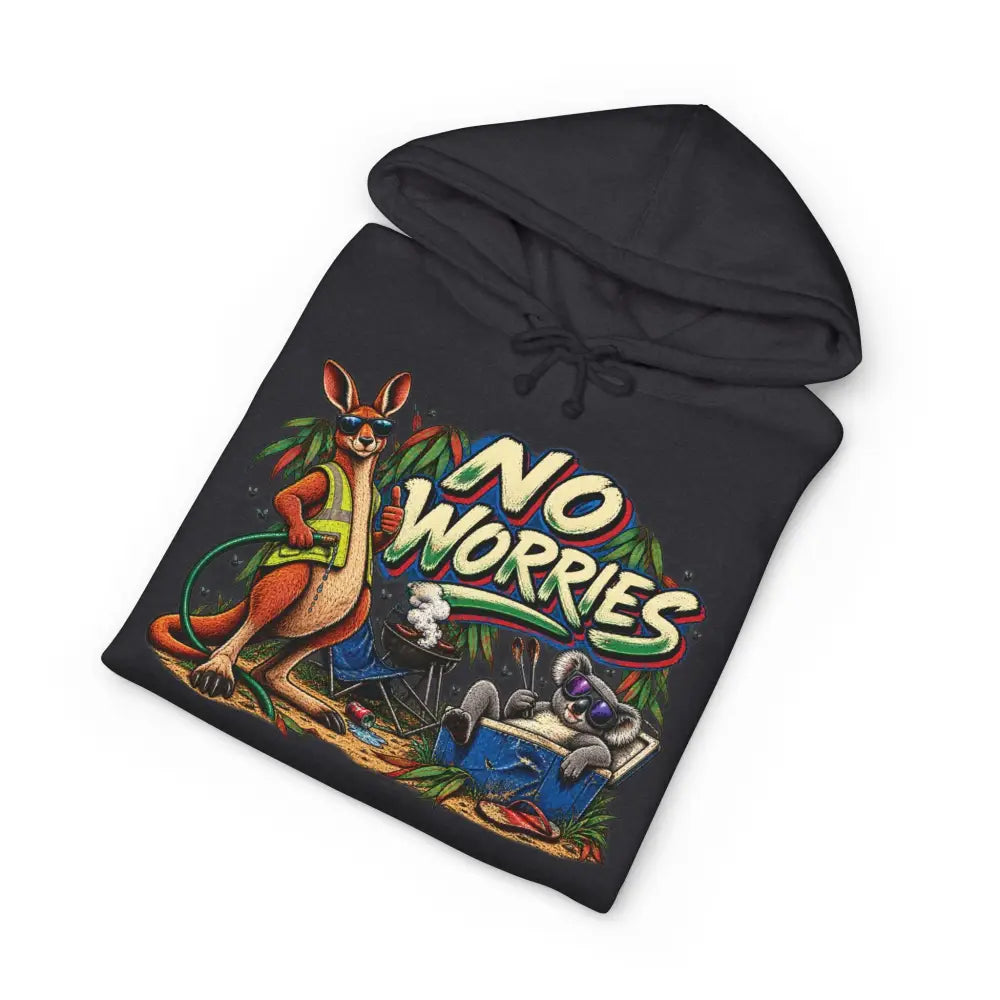 Black heavyweight hooded sweatshirt featuring a vibrant kangaroo and koala graphic with no worries text