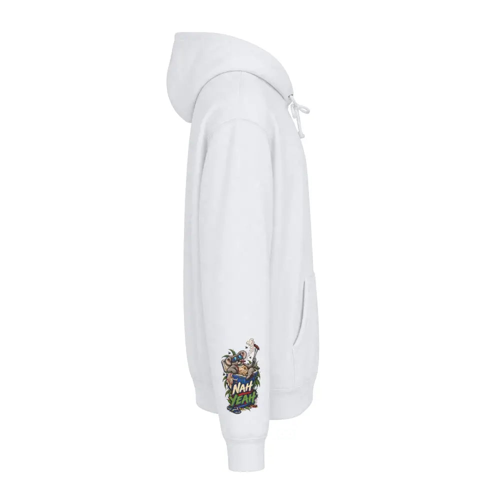 White heavyweight hooded sweatshirt with colorful nah yeah graphic on the left sleeve from kangaroo no worries hoodie
