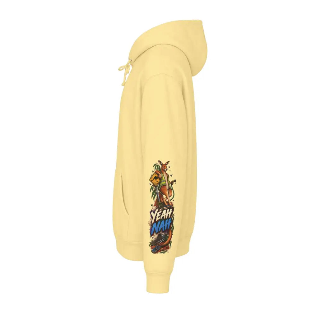 Pale yellow heavyweight hooded sweatshirt featuring a vibrant kangaroo graphic with yeah naa text on front
