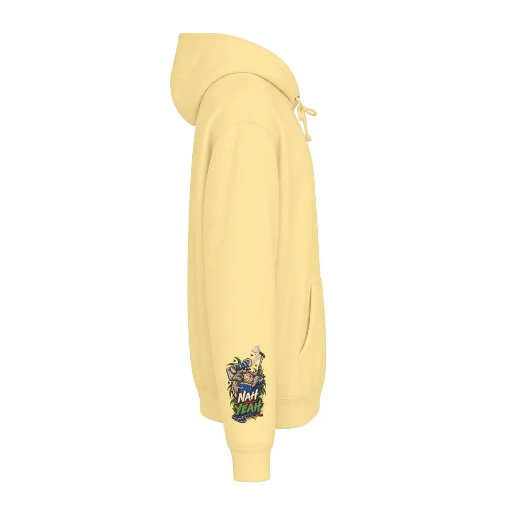Pale yellow heavyweight hooded sweatshirt with colorful cartoon print on left sleeve from kangaroo no worries hoodie