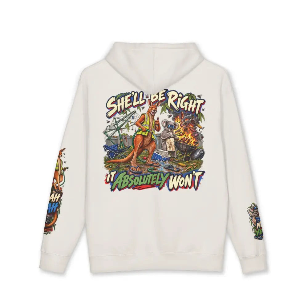 Off-white heavyweight hooded sweatshirt featuring vibrant kangaroo and koala graphic with she’ll be right it absolutely won’t text