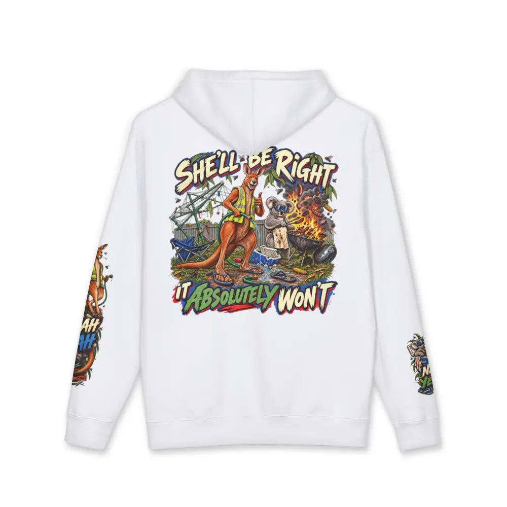 Back of white heavyweight hooded sweatshirt with vibrant kangaroo and koala graphic and shell be right it absolutely won’t text