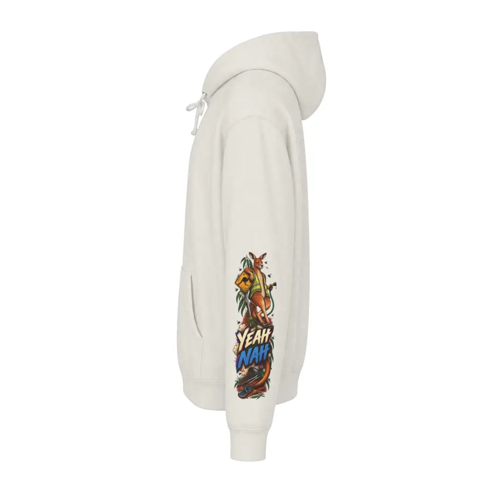 Cream-colored heavyweight hooded sweatshirt featuring a vibrant kangaroo graphic and yeah nah text kangaroo no worries hoodie