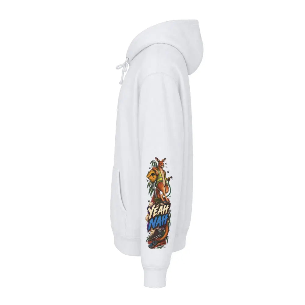 White heavyweight hooded sweatshirt featuring a colorful kangaroo graphic and yeah naa text on the sleeve for casual wear