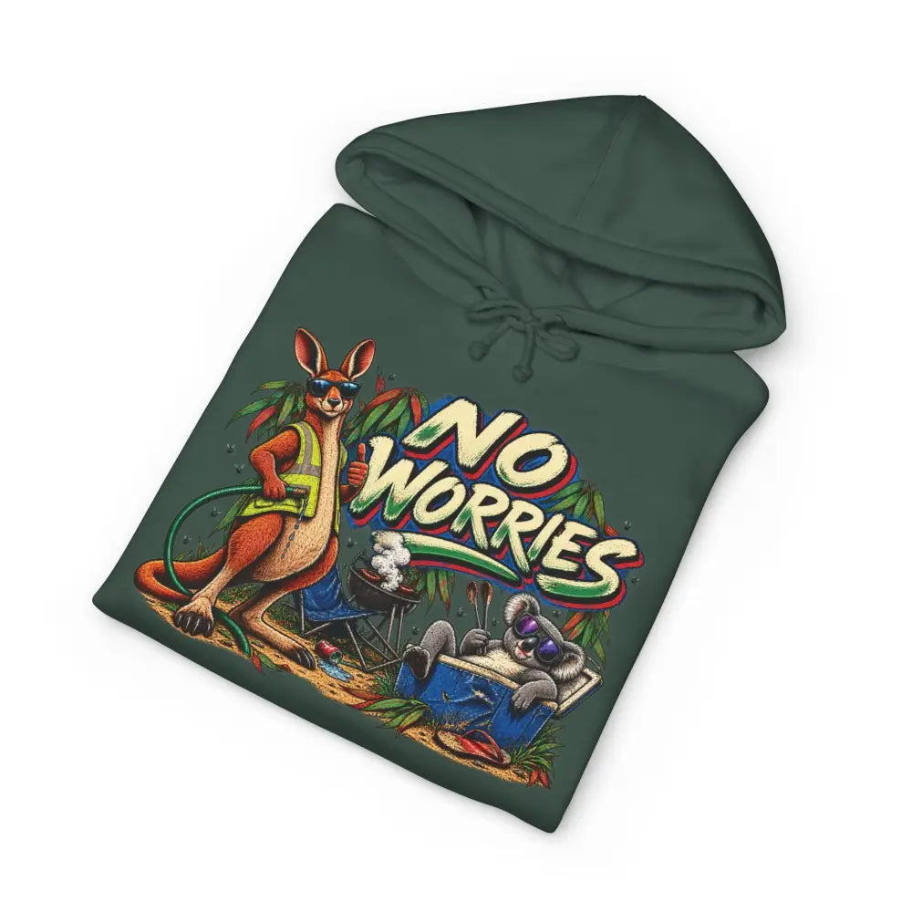 Dark green heavyweight hooded sweatshirt with vibrant kangaroo and koala graphic and colorful no worries text design