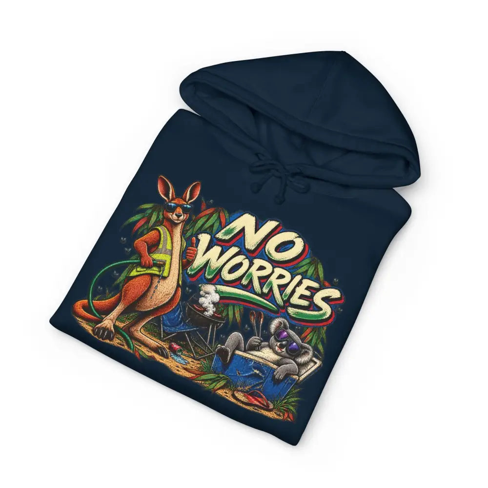 Navy blue heavyweight hooded sweatshirt featuring a vibrant kangaroo and koala graphic with no worries text