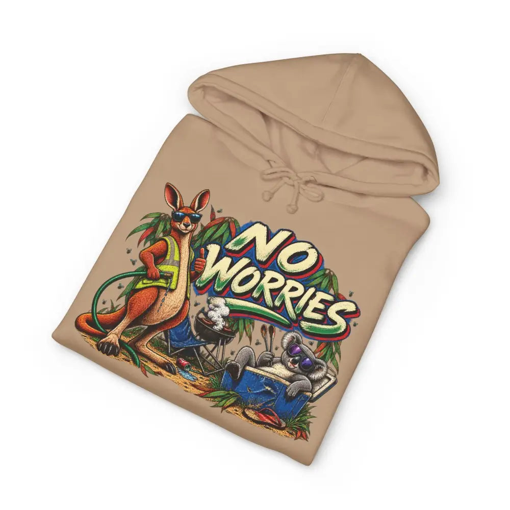 Beige heavyweight hooded sweatshirt featuring a kangaroo and koala graphic with colorful no worries text print