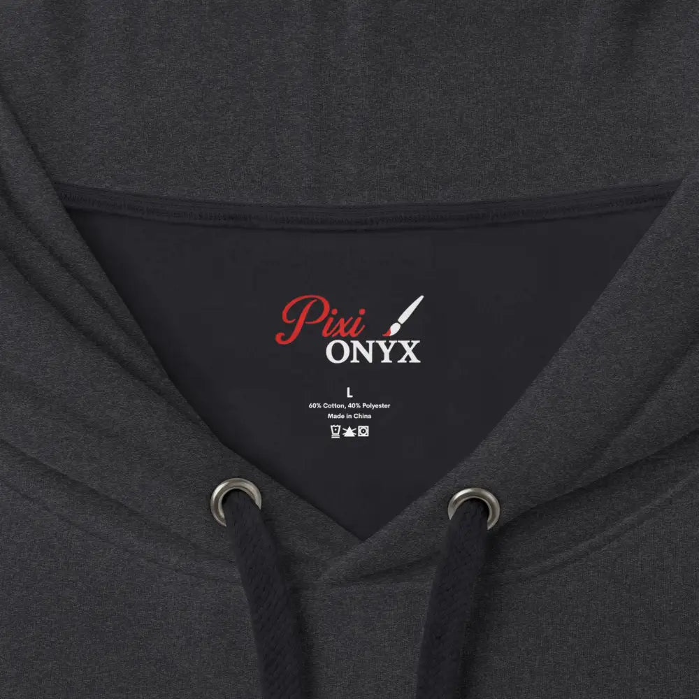 Dark gray heathered heavyweight hooded sweatshirt with pixi onyx logo tag in black for casual kangaroo hoodie wear