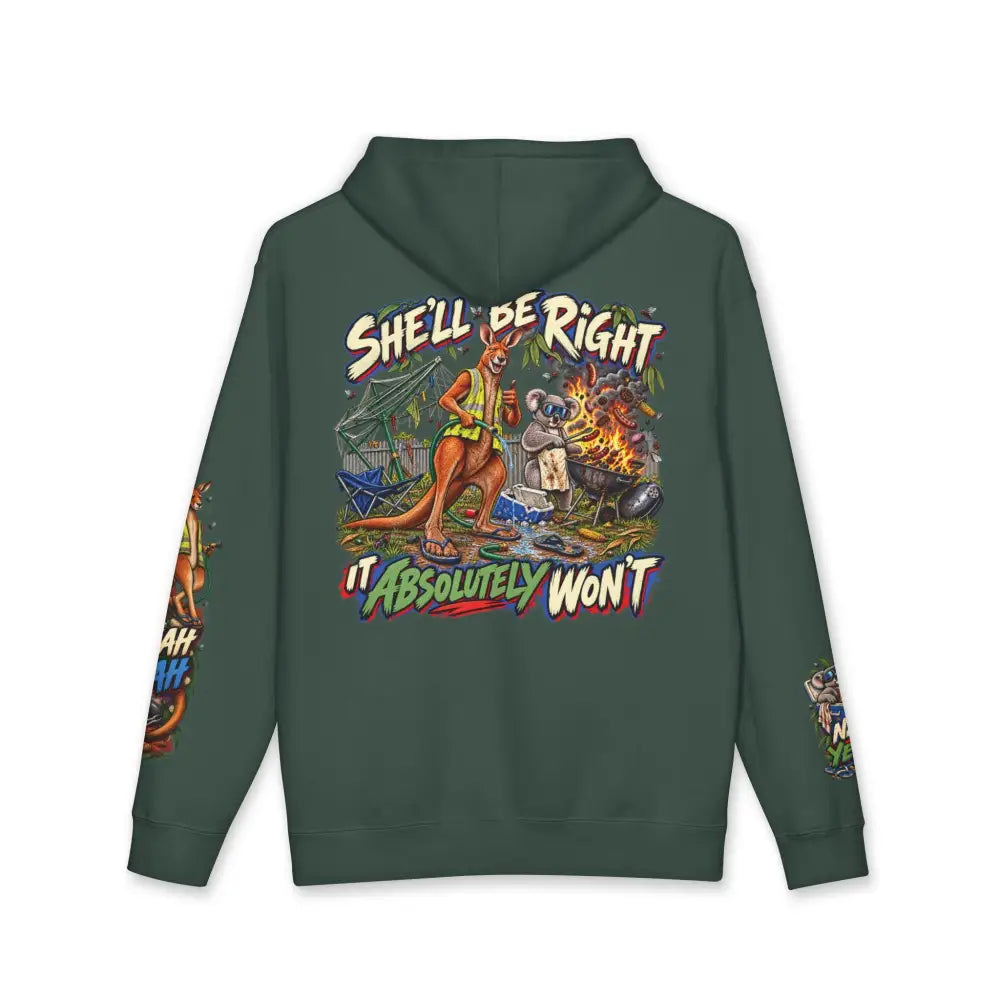 Dark green heavyweight hooded sweatshirt with vibrant kangaroo and koala graphic and text on the back