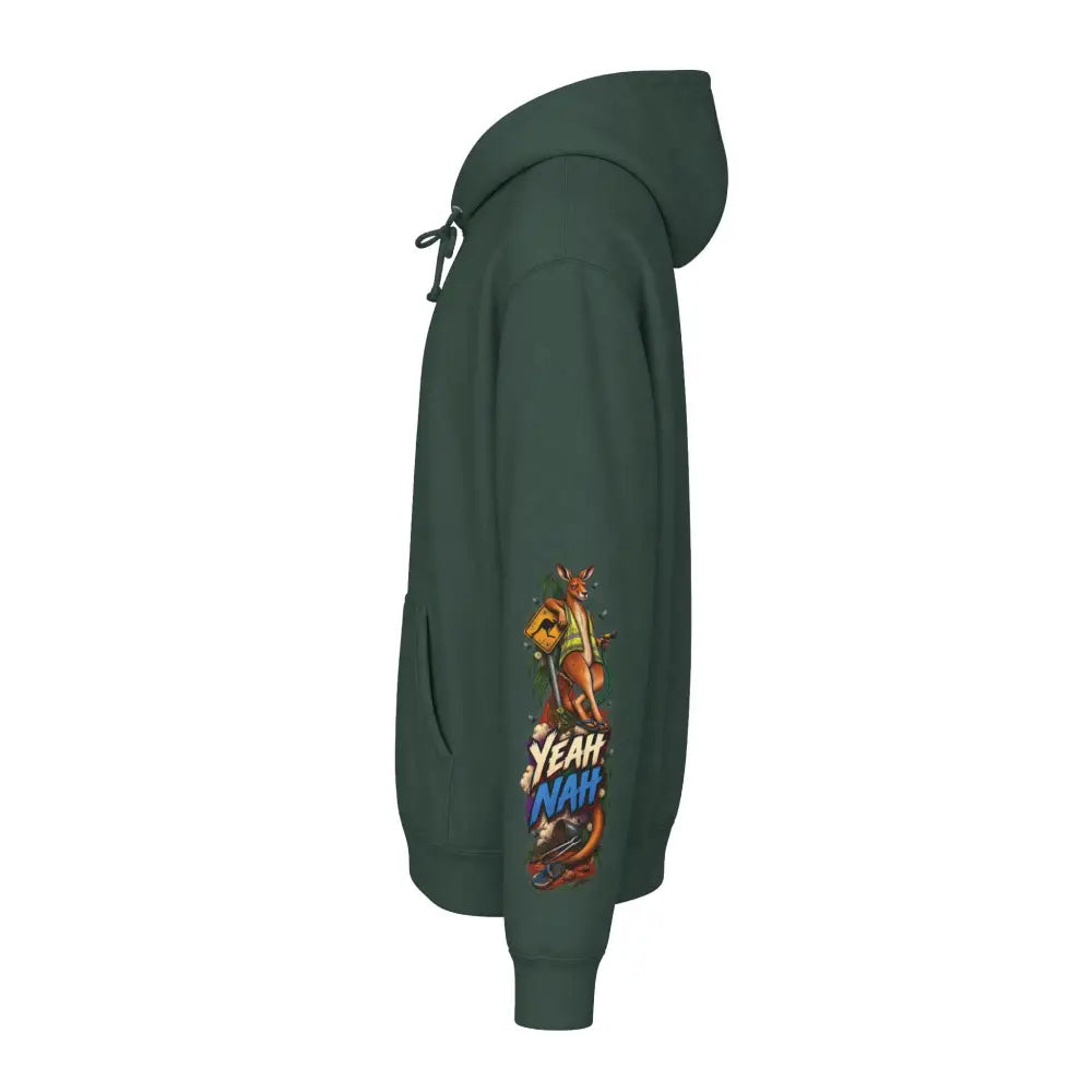 Dark green heavyweight hooded sweatshirt featuring vibrant cartoon kangaroo graphic and yeah nah text on the sleeve