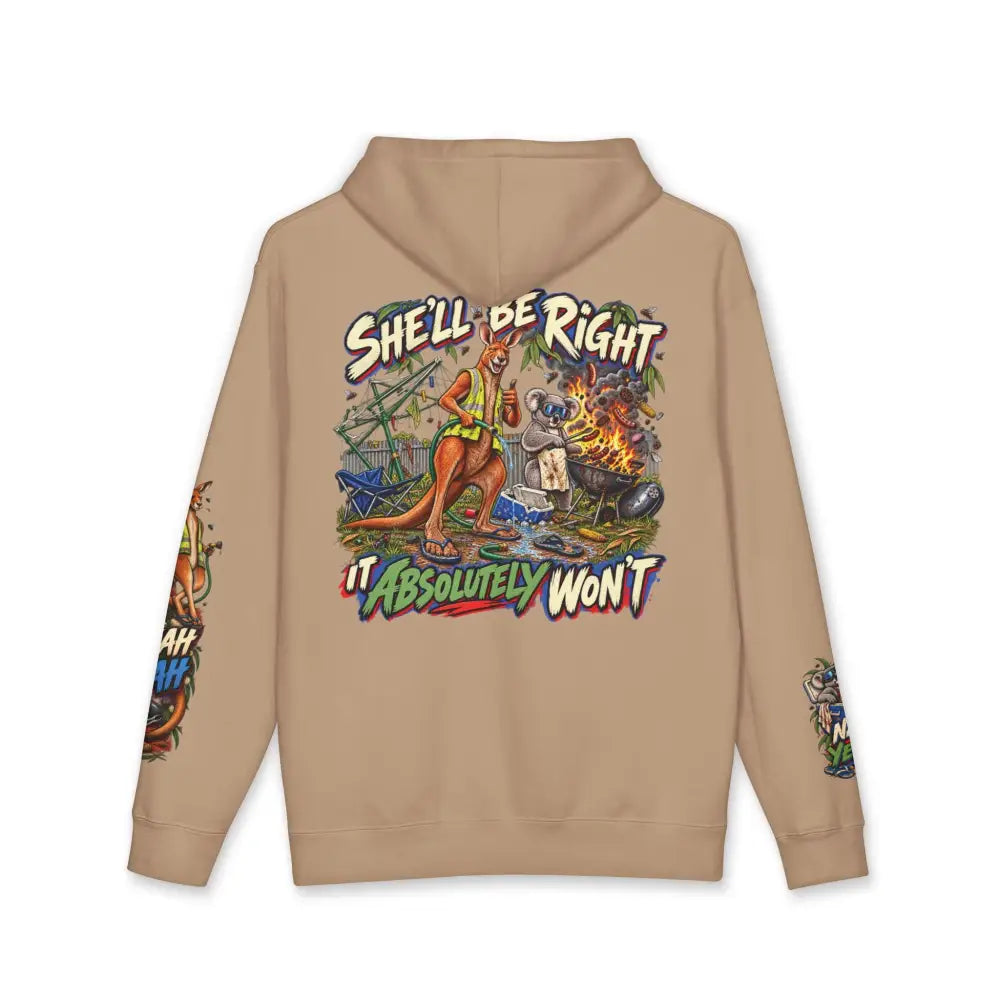 Beige heavyweight hooded sweatshirt featuring vibrant kangaroo and koala graphic with she’ll be right it absolutely won’t text on back