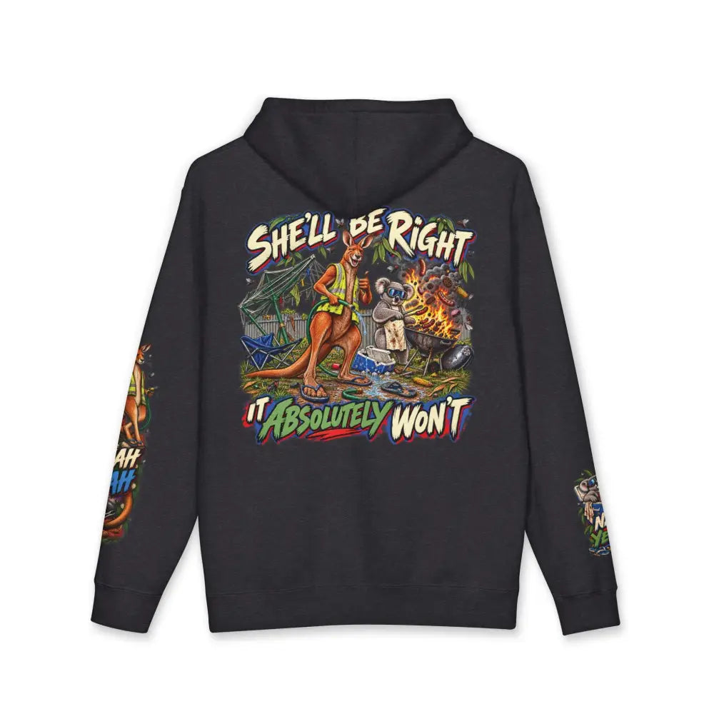 Black heavyweight hooded sweatshirt with vibrant kangaroo and koala camping graphic and she’ll be right it absolutely won’t text