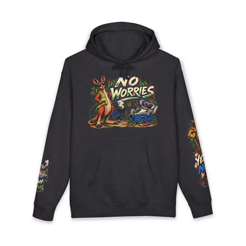 Black heavyweight hooded sweatshirt with colorful no worries kangaroo and koala graphic and vibrant sleeve designs