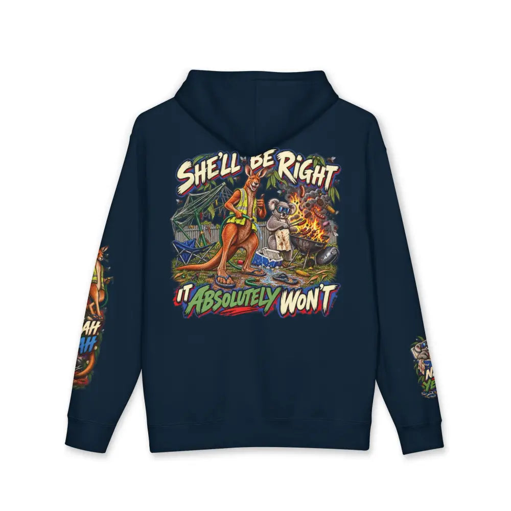 Navy blue heavyweight hooded sweatshirt with vibrant kangaroo and koala camping graphic on back and sleeves