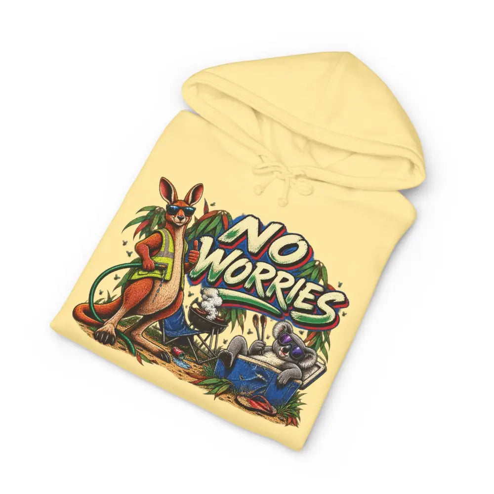 Pale yellow heavyweight hooded sweatshirt featuring vibrant cartoon kangaroos and koalas with no worries text