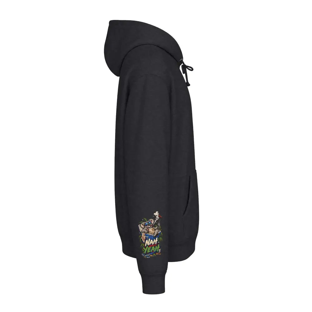 Black heavyweight hooded sweatshirt kangaroo no worries design with colorful cartoon graphic on left sleeve and text