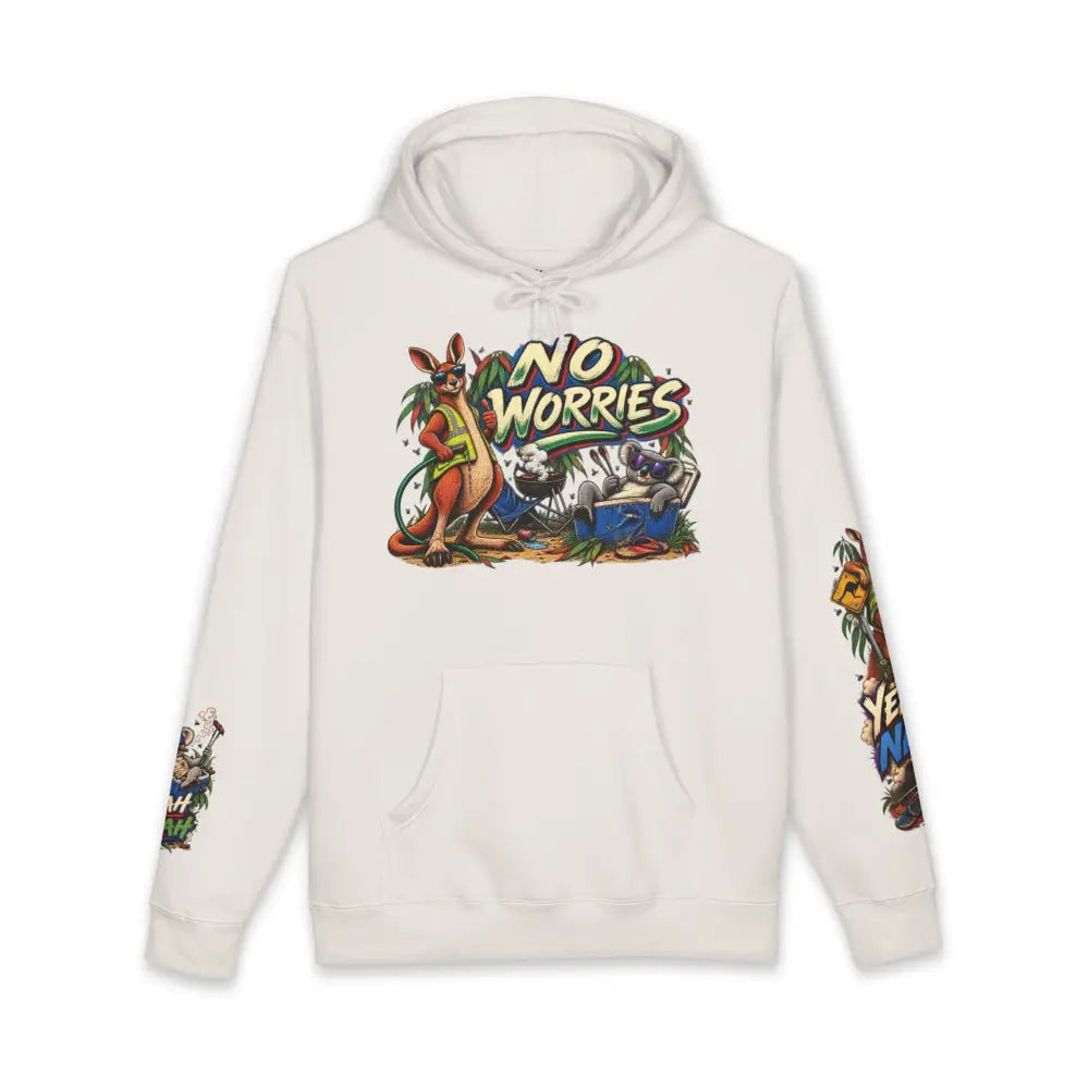 Off-white heavyweight hooded sweatshirt featuring vibrant no worries kangaroo graphic and colorful tropical sleeve designs
