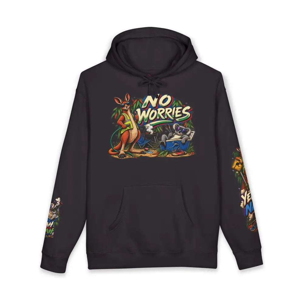 Black heavyweight hooded sweatshirt featuring vibrant no worries graphic with cartoon kangaroo koala and colorful sleeve designs