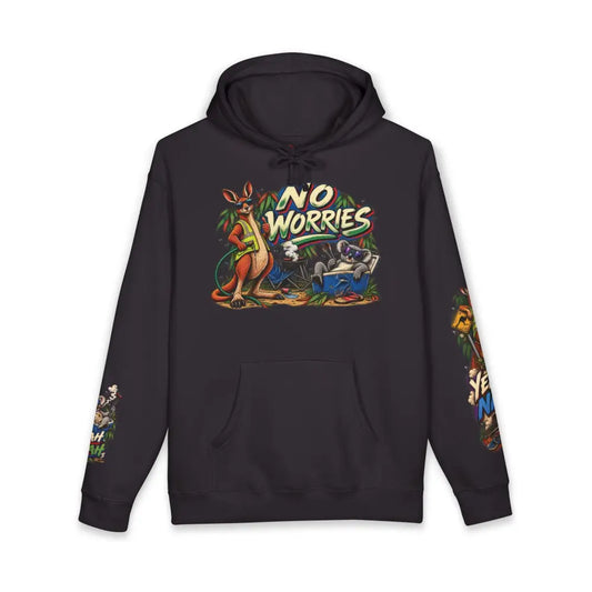 Black heavyweight hooded sweatshirt featuring vibrant no worries graphic with cartoon kangaroo koala and colorful sleeve designs