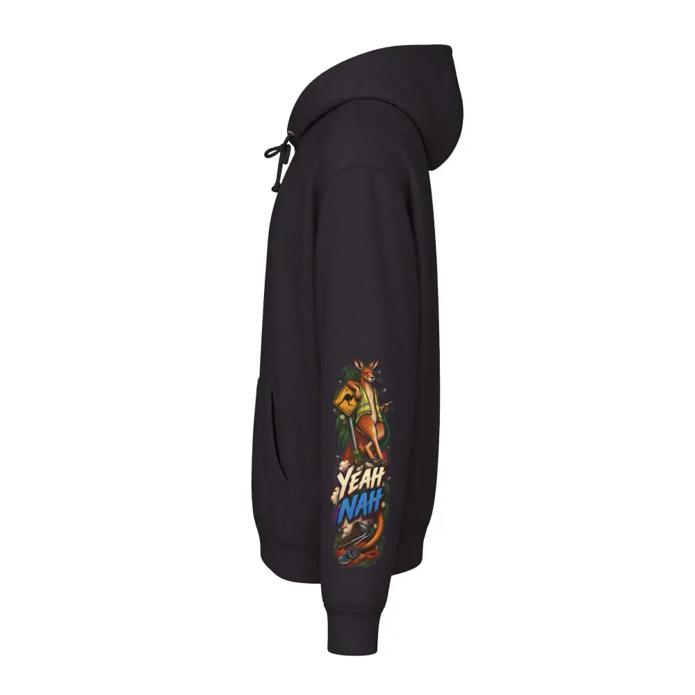 Black heavyweight hooded sweatshirt with vibrant kangaroo graphic holding minecraft block and yeah nah text