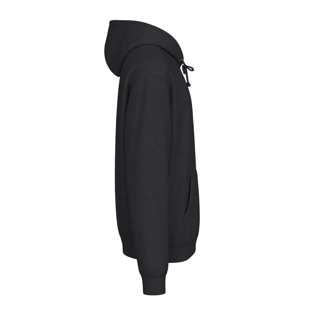 Black keep going unisex hoodie with drawstring front pocket tear-away label and machine wash care instructions