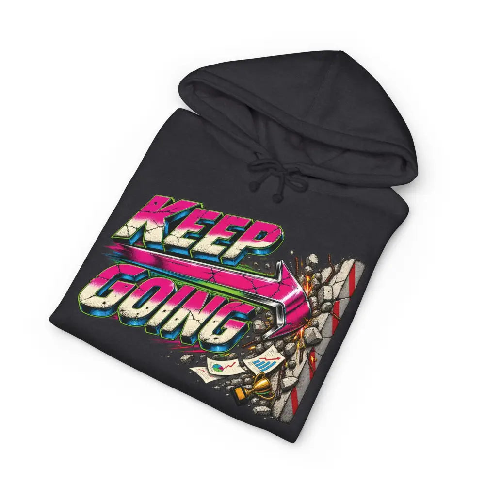 Black keep going unisex hoodie with vibrant pink teal graffiti graphic and tear-away label for easy care instructions and machine wash