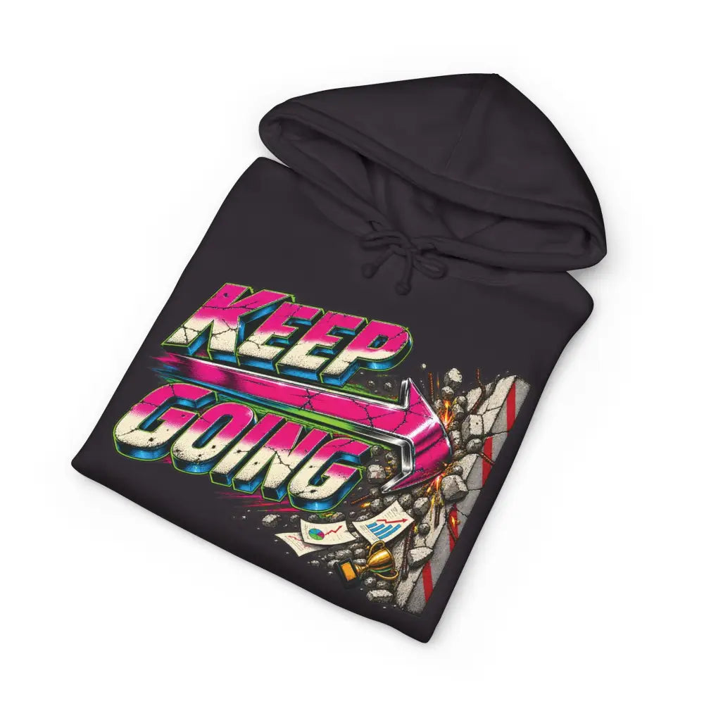 Black keep going unisex hoodie with vibrant cracked pink and teal graphic featuring tear-away label and machine wash care instructions
