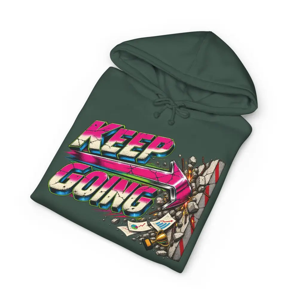 Dark green keep going unisex hoodie with bold pink blue gradient graphic arrow rubble tear-away label machine wash care instructions