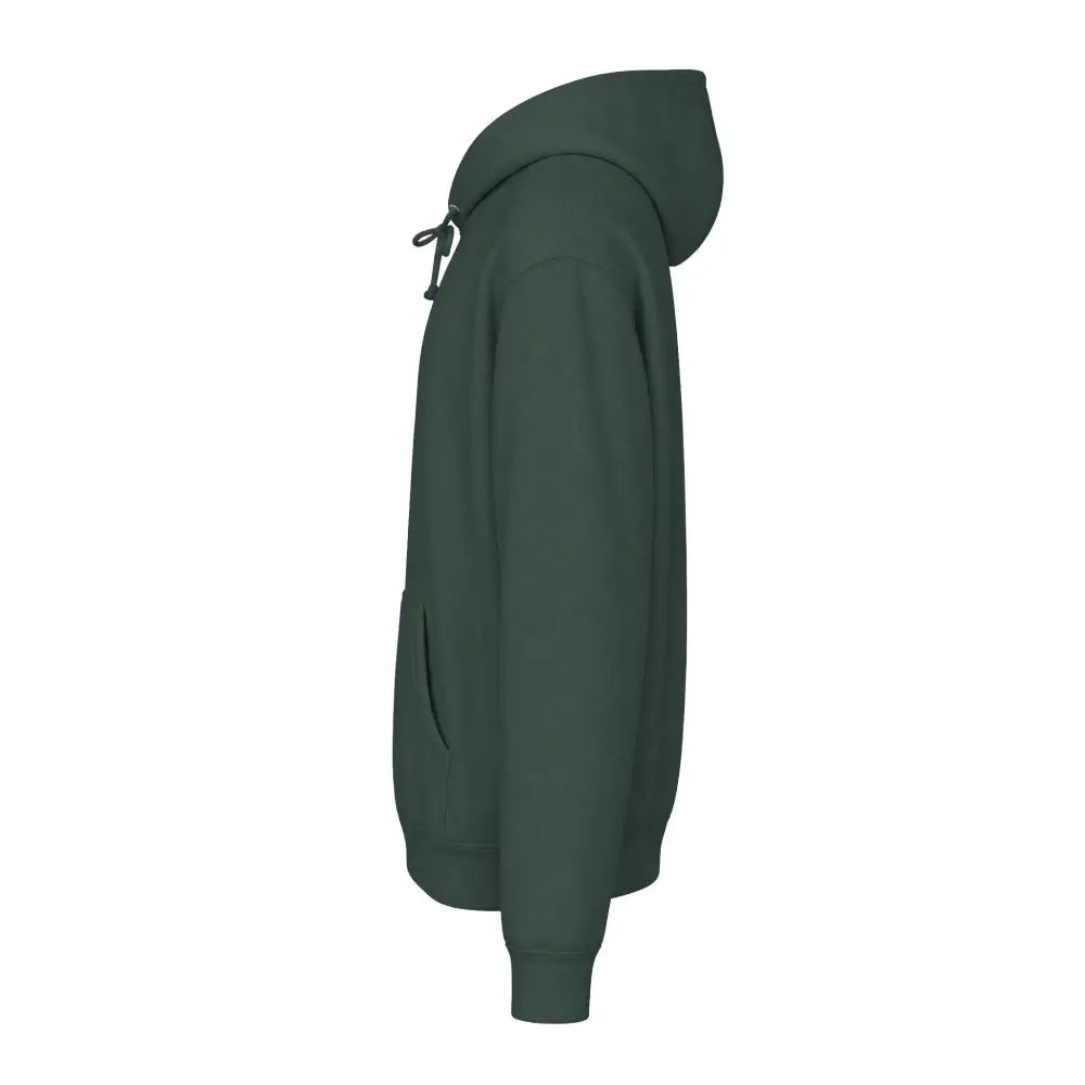 Dark green keep going unisex hoodie with tear away label, drawstring hood, front pocket, and machine wash care instructions