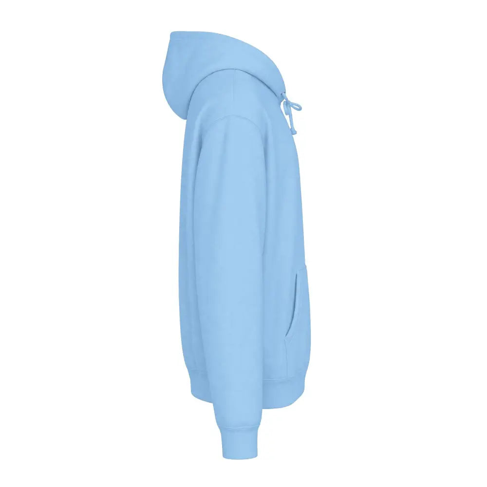 Keep going unisex hoodie in light blue plain cotton with drawstring hood and front pocket featuring tear-away label and machine wash care instructions