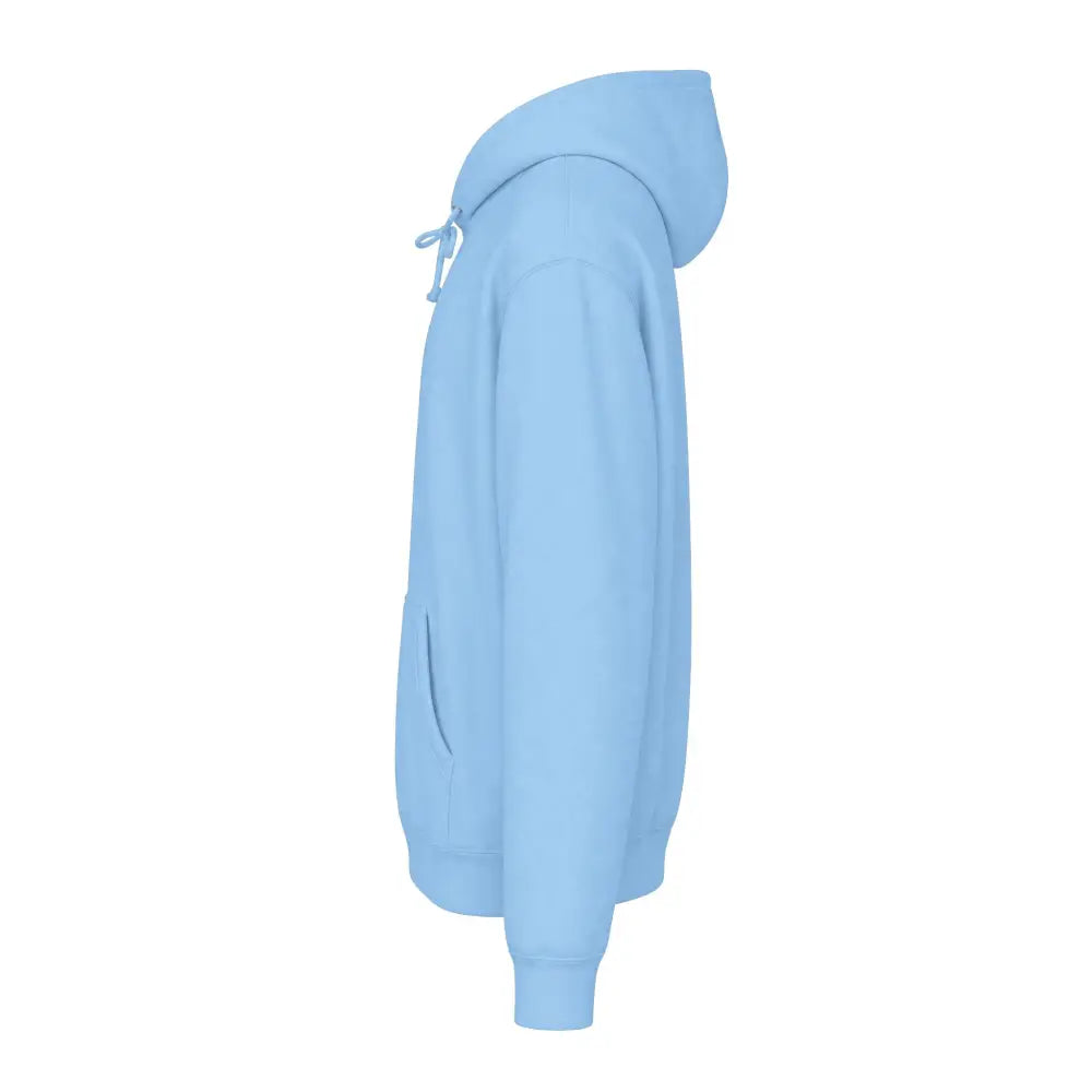 Keep going unisex hoodie in light blue soft smooth fabric with matching drawstrings and tear-away label care instructions for machine wash