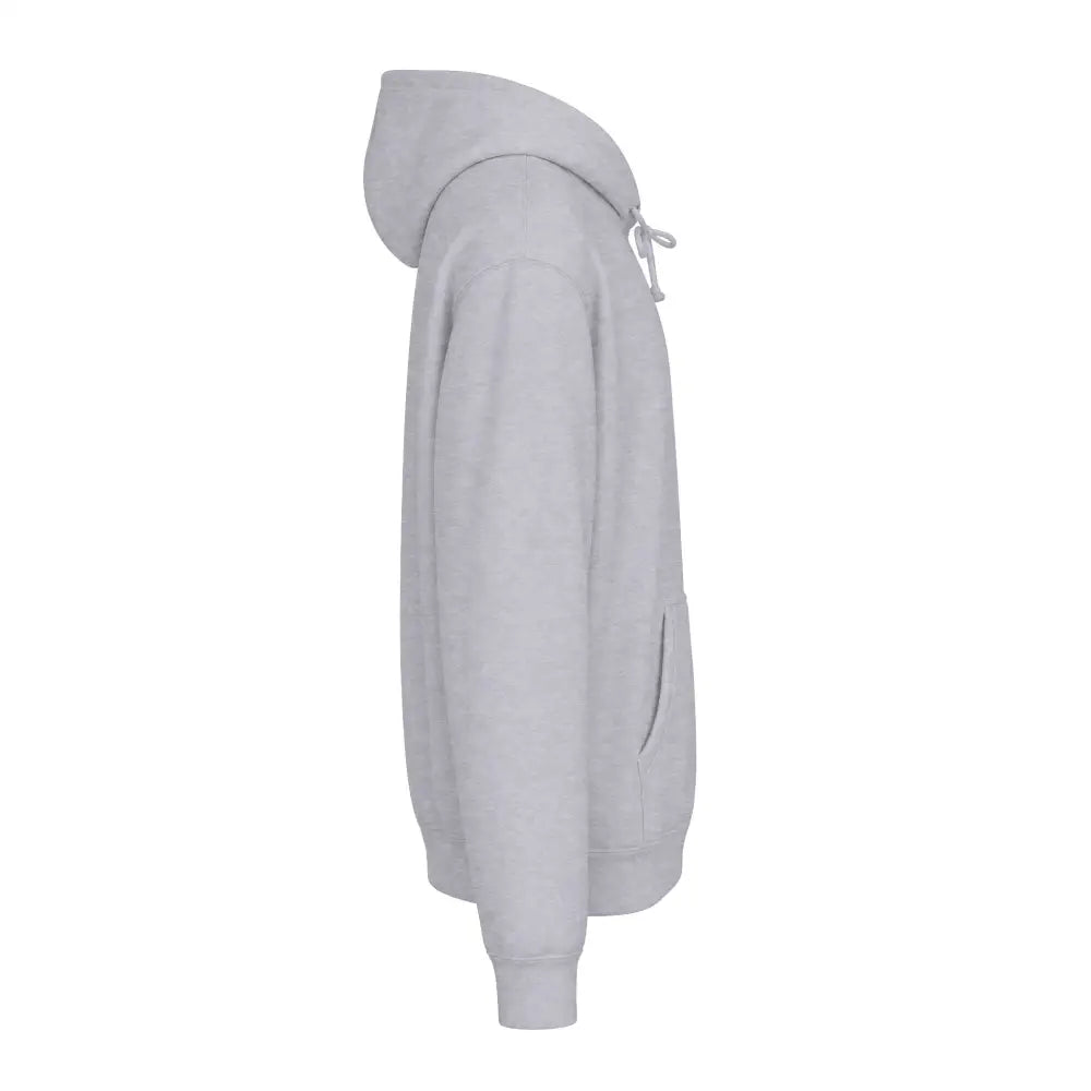 Keep going unisex hoodie in light gray soft fleece with drawstring hood, front pocket, tear-away label, and machine wash care instructions