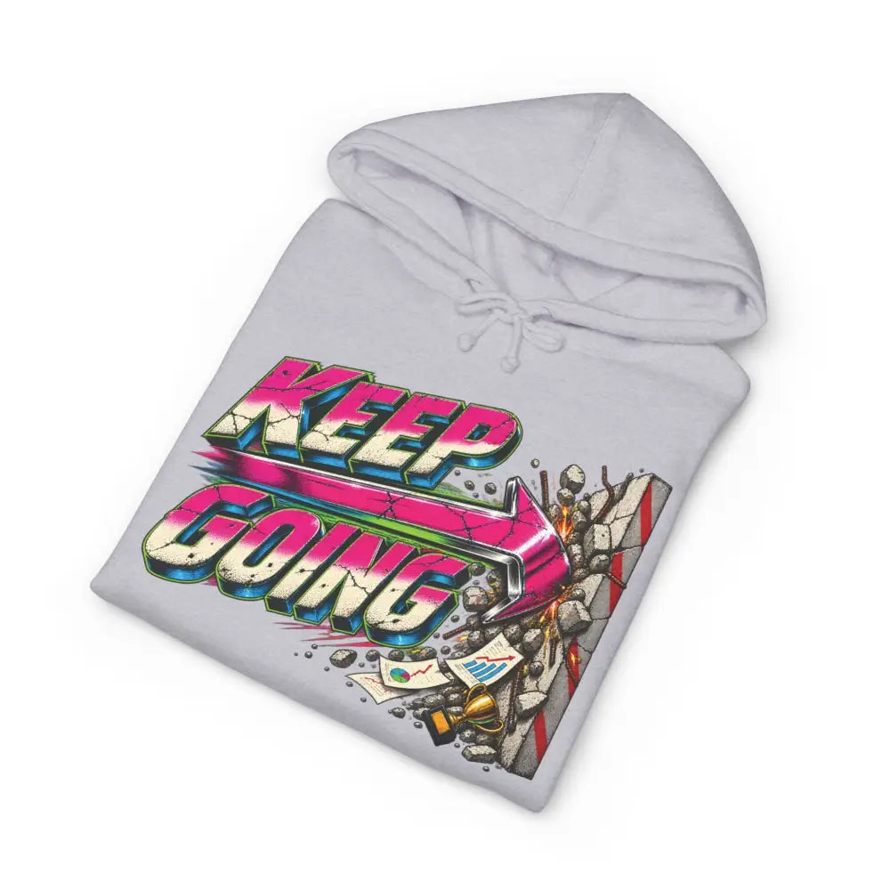 Light gray keep going unisex hoodie with bold pink and blue graphic arrow design featuring tear-away label and machine wash care instructions