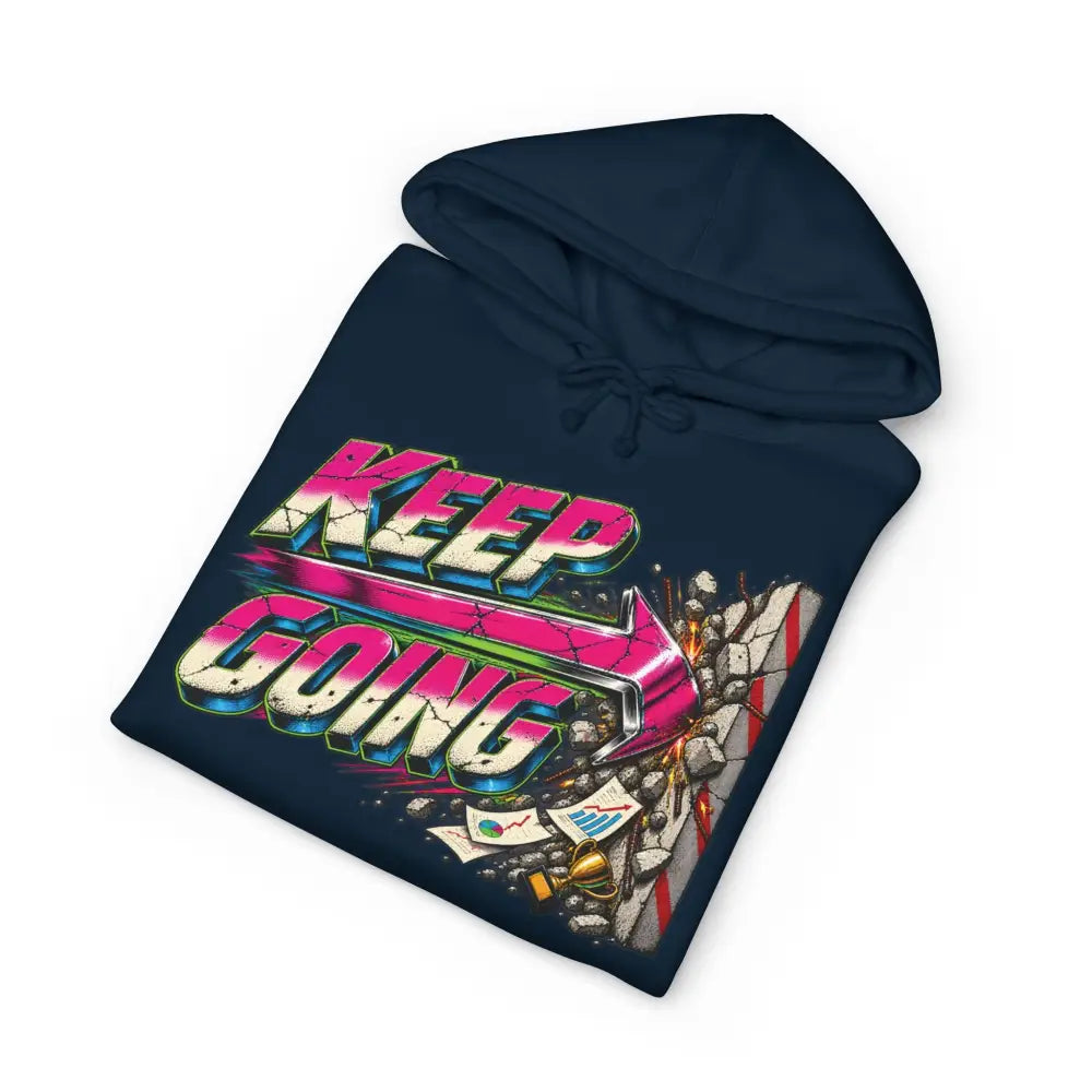 Navy blue keep going unisex hoodie with vibrant neon graphic, tear-away label, and easy care instructions for machine wash