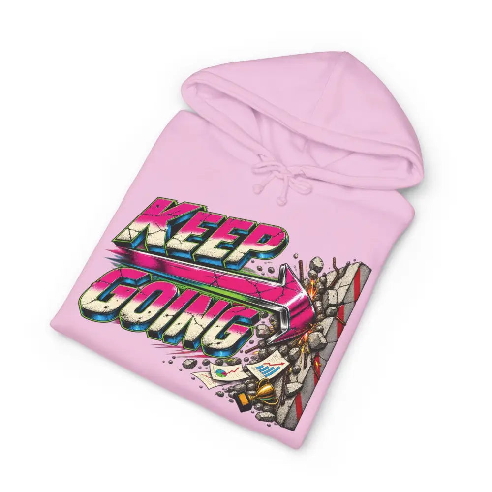 Pink unisex hoodie with bold colorful keep going graphic in pink and teal on shattered concrete backdrop machine wash care instructions and tear away label