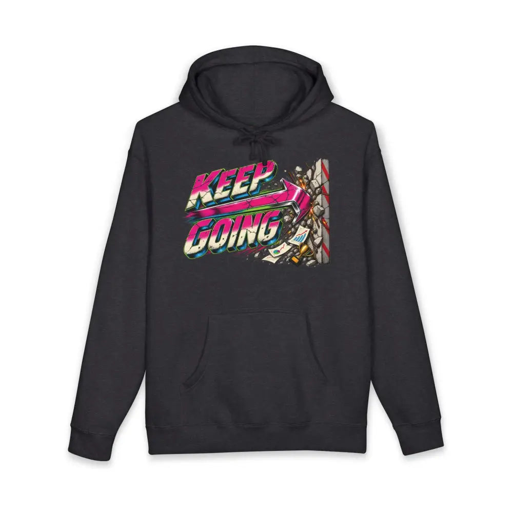 Black unisex hoodie featuring vibrant keep going graphic with neon colors and tear-away label machine wash care instructions