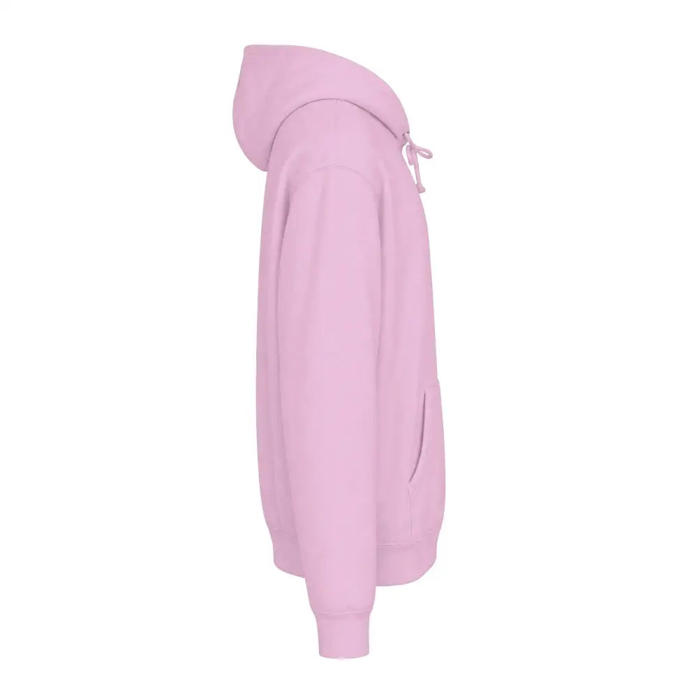 Soft pink unisex hoodie with drawstring and front pocket featuring tear-away label and machine wash care instructions