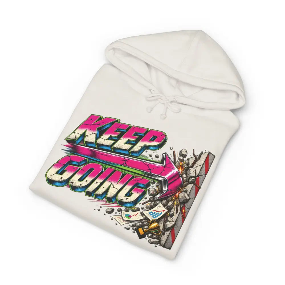 White unisex hoodie with vibrant 3d keep going graphic in pink and blue gradients featuring tear away label and machine wash care instructions