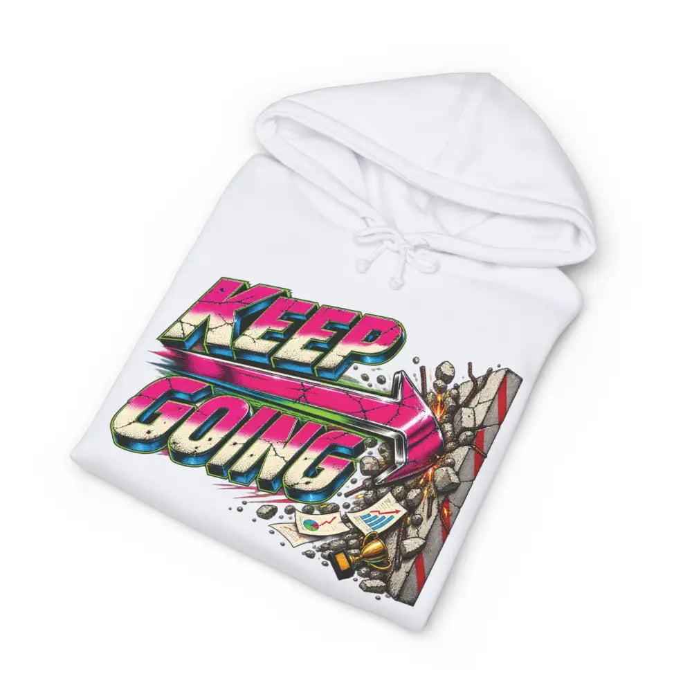 White unisex hoodie with bold keep going graphic in pink green blue gradient featuring tear-away label and machine wash care instructions