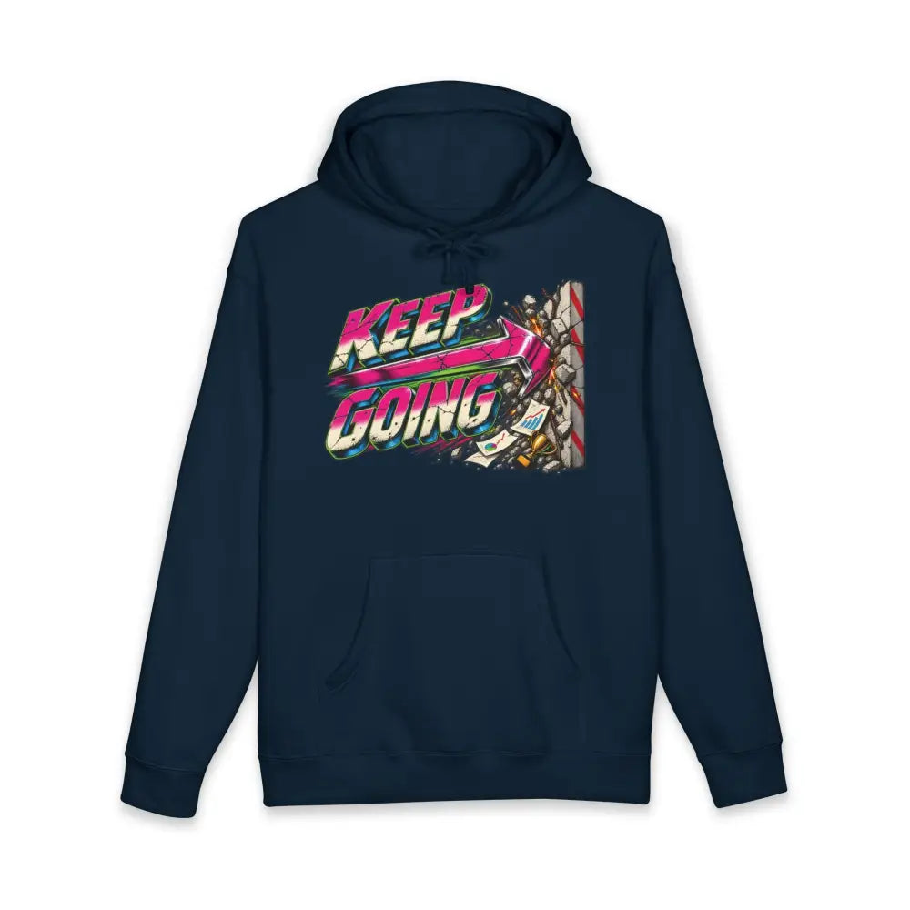 Navy blue keep going unisex hoodie with vibrant neon graphic and tear away label, machine wash care instructions included