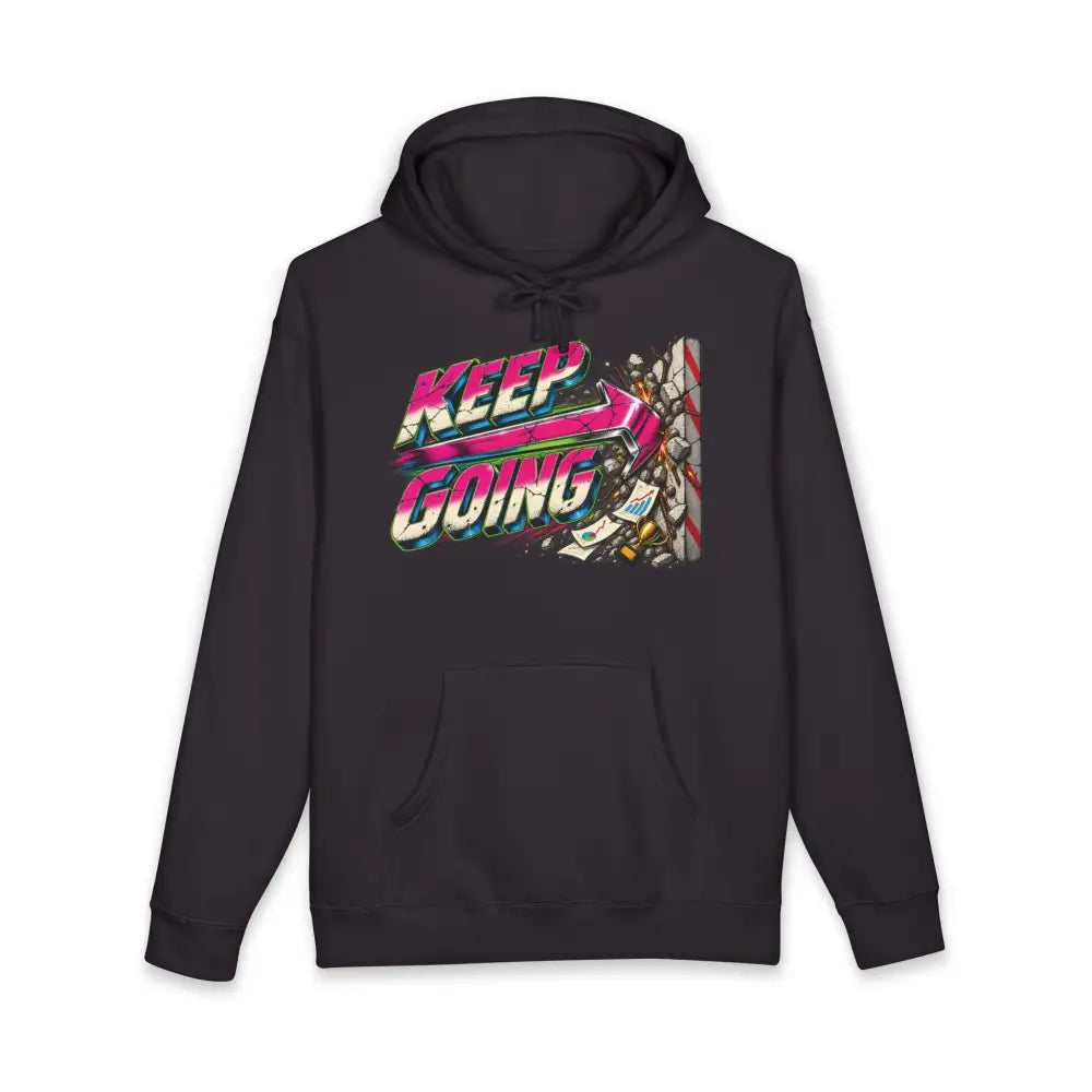 Black keep going unisex hoodie with vibrant neon pink green blue graphic, tear-away label, and machine wash care instructions